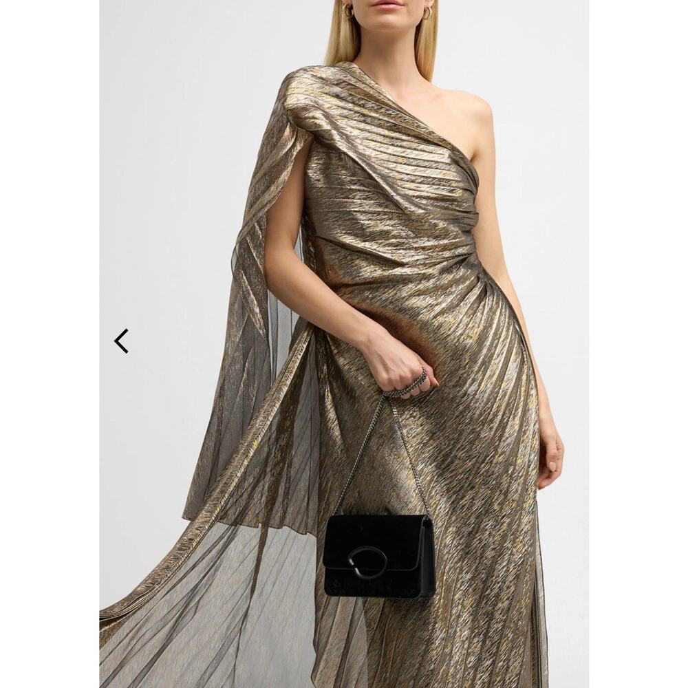 Oscar De La Renta One Shoulder Gown Draped Silk Lame Pleated Maxi Dress Formal - Picture 7 of 15